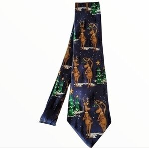 Under The Mistletoe Xmas Tie Navy Blue Reindeers Silk